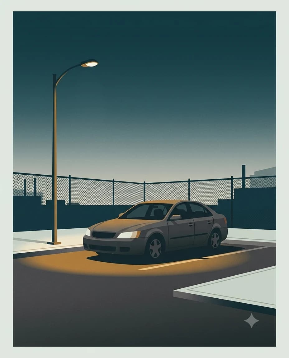 A repossessed sedan parked alone under a lamp post inside a fenced impound storage lot at night