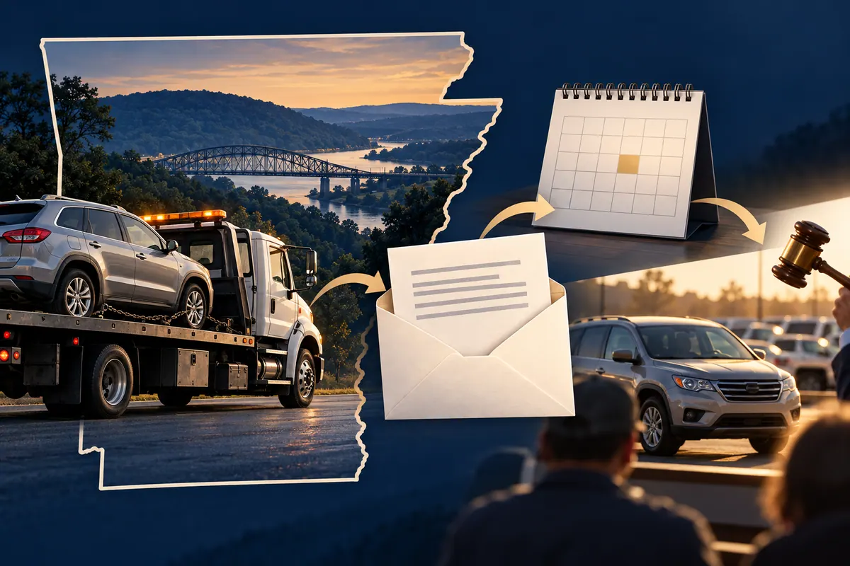 Arkansas repossession sequence with a tow truck, mailed sale notice and vehicle-sale calendar