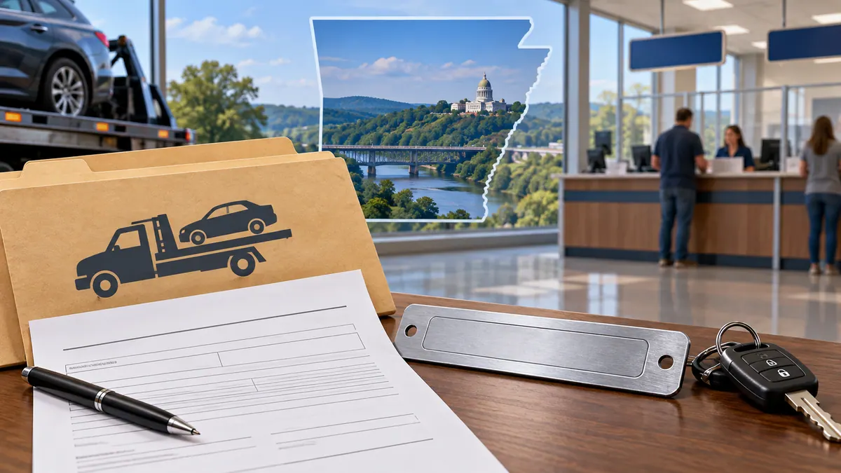 An Arkansas-style repossession title affidavit represented as a blank generic form beside a motor vehicle counter