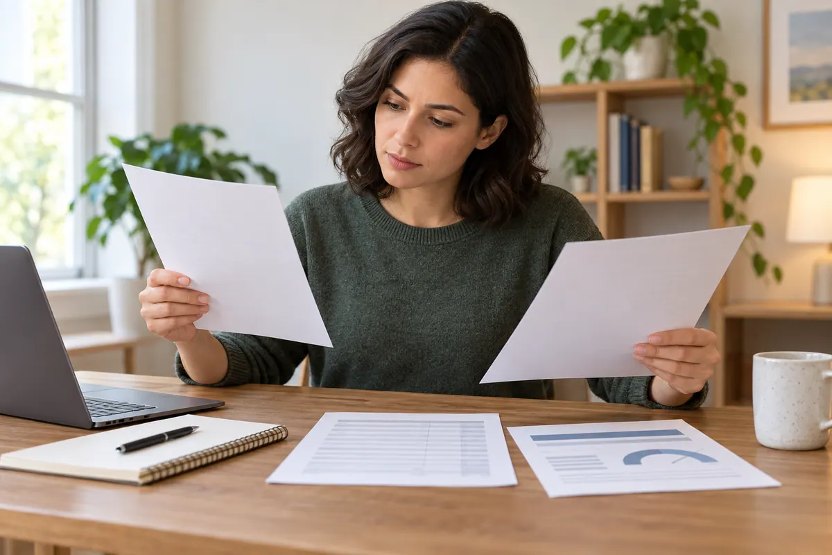 A consumer reviewing a generic collection letter alongside an account statement and credit report