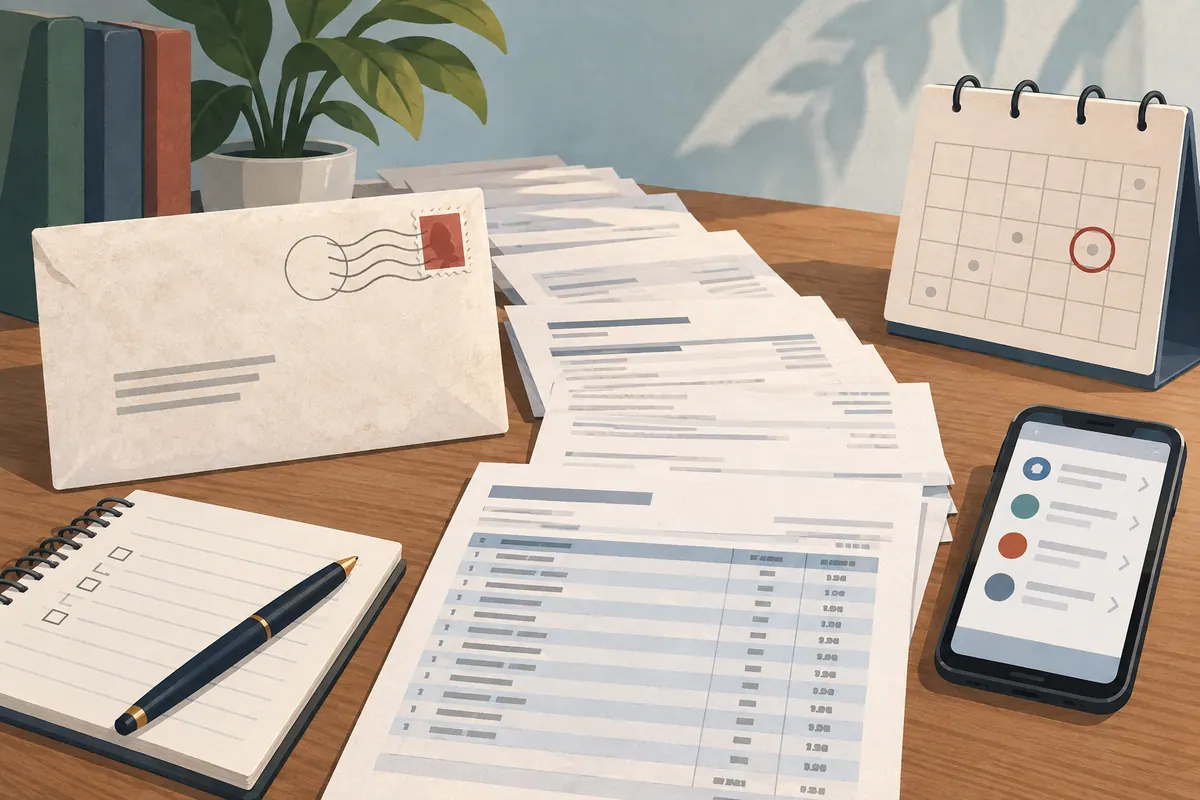 A dated envelope, payment records and calendar representing a documented debt dispute