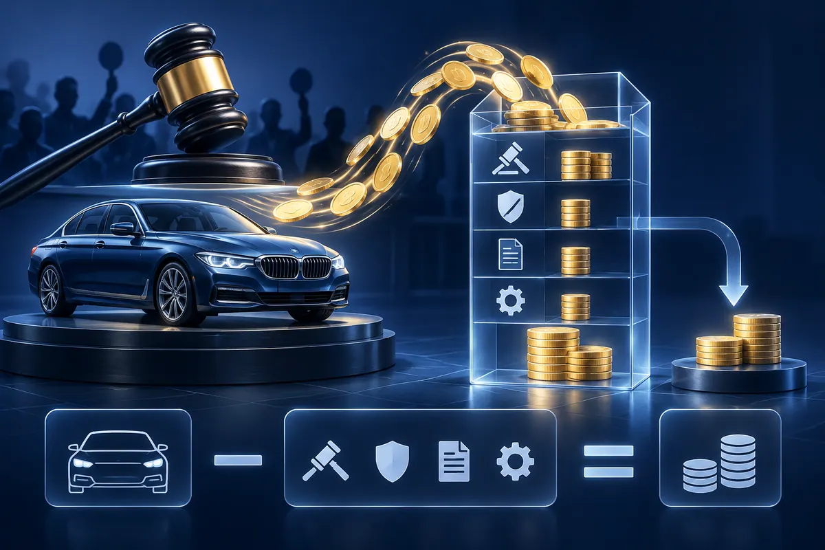 A car auction and a balance ledger showing sale proceeds offset against a debt and allowed expenses