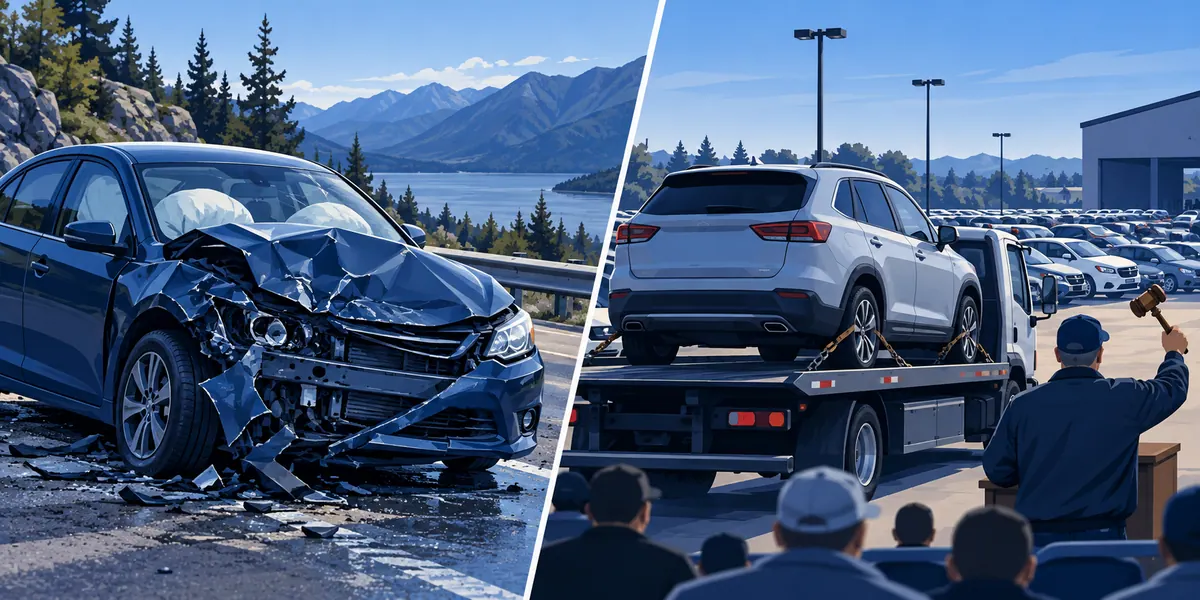 Two distinct outcomes shown side by side: a totaled car insurance claim and a repossessed car at an auction lot