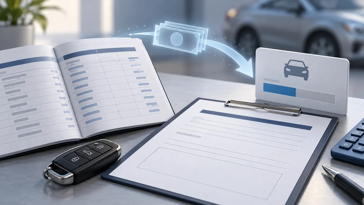 A generic auto-loan ledger, blank cancellation form and car key illustrating a possible product refund credit