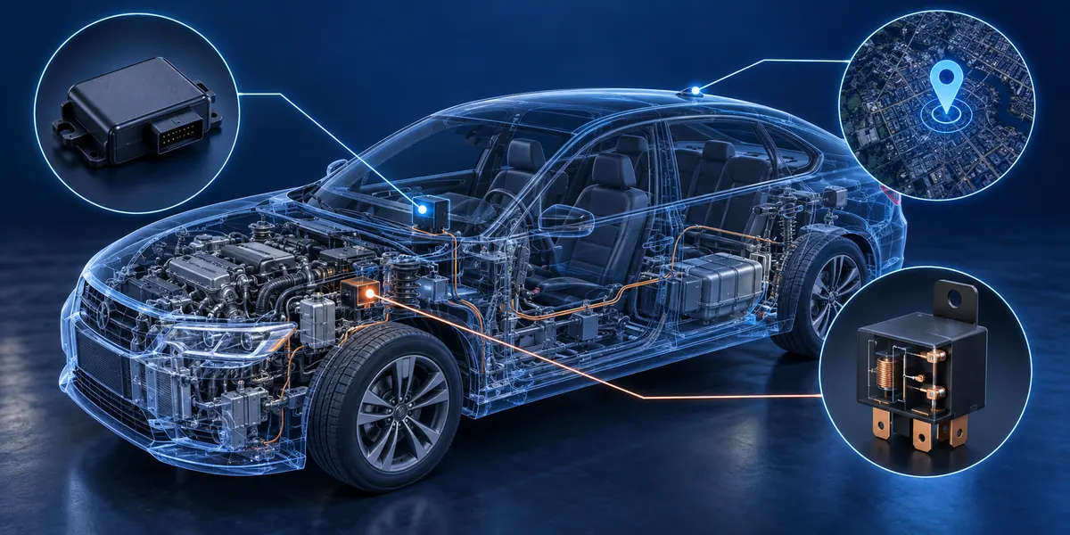 An illustrative cutaway sedan showing a generic telematics unit, GPS location pin and starter relay as separate functions