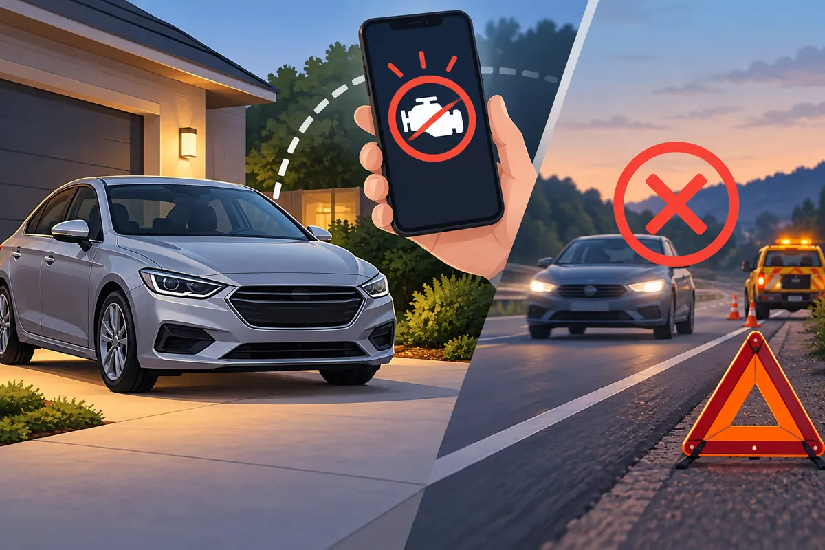 A parked vehicle and phone with an abstract warning icon, illustrating safe steps after a suspected starter-interrupt activation