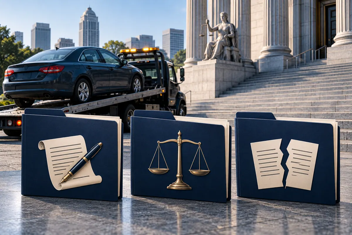 Distinct generic auto-loan, retail-sale and lease folders beside a repossessed sedan, showing different legal frameworks