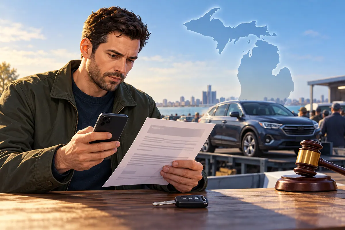 A borrower checks a vehicle sale notice, phone and key before a sale deadline