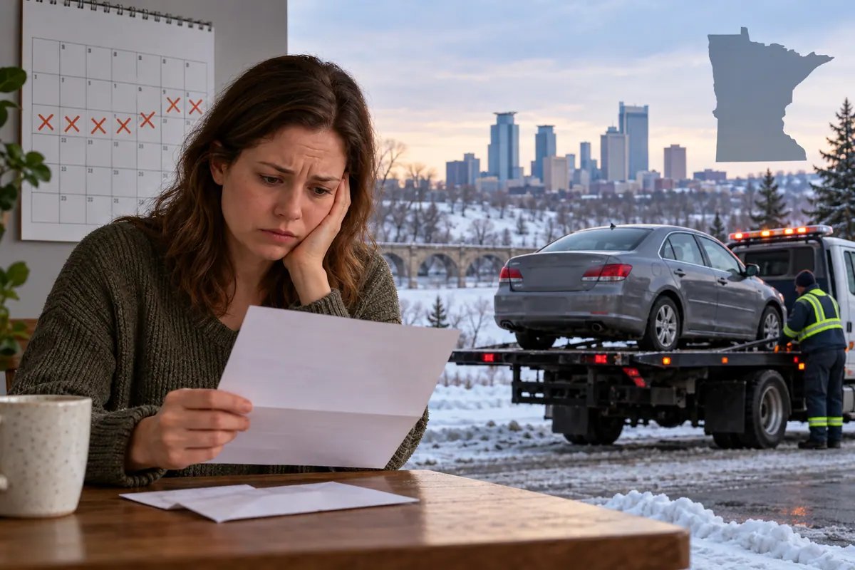 A Minnesota borrower reviews a lender letter and payment history beside a repossessed vehicle