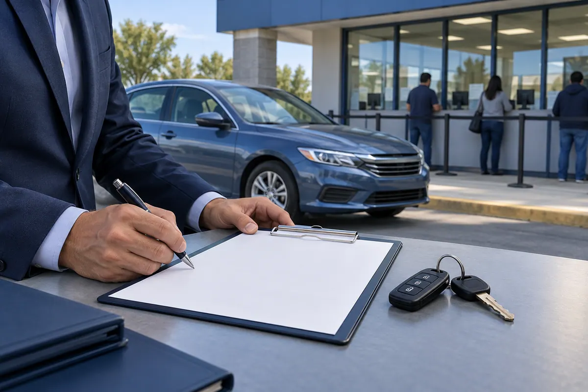 A generic repossession title affidavit and car keys beside a motor vehicle service counter